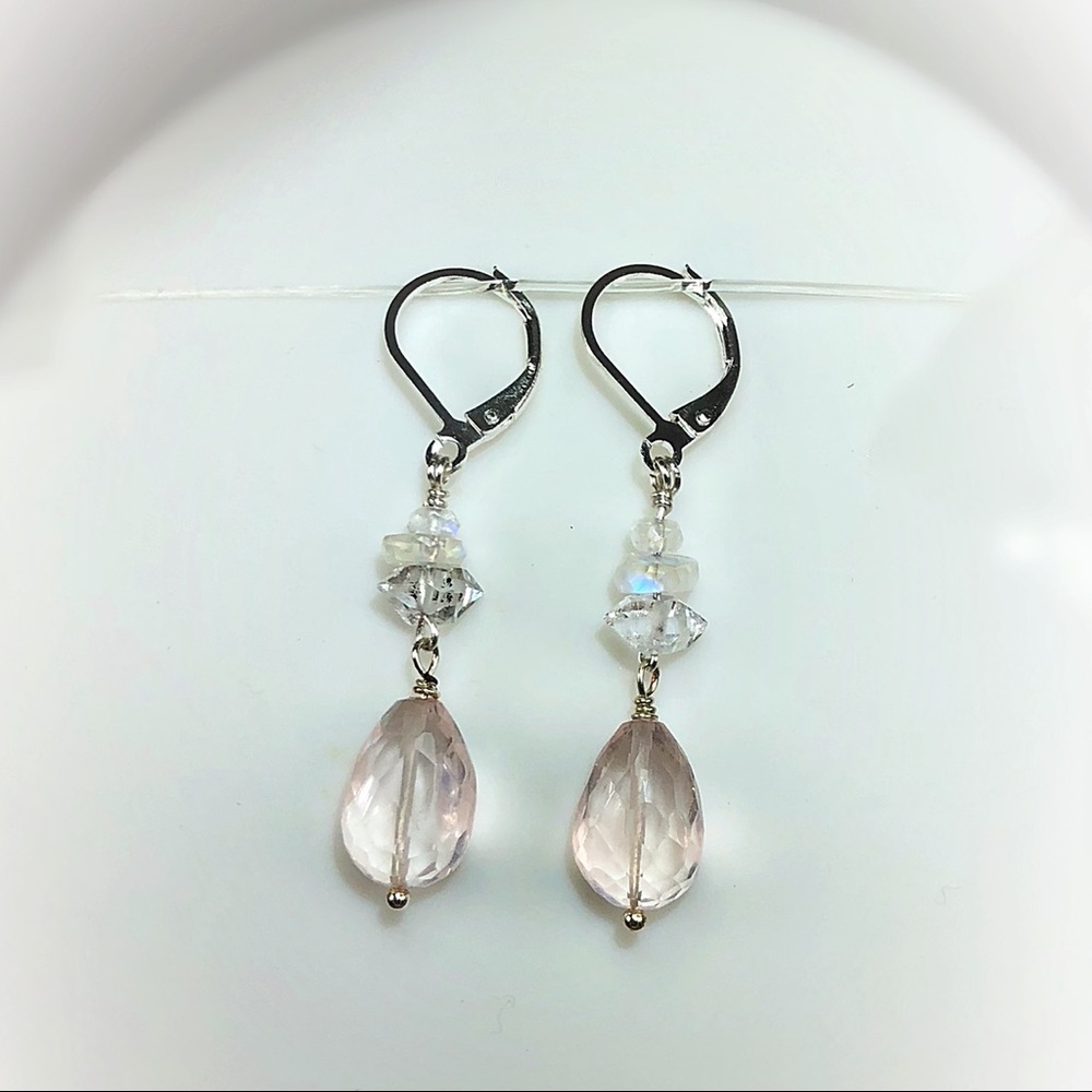 Rose Quartz, Moonstone & Diamond Silver Earrings!